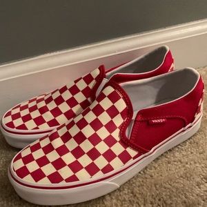 red checkerboard slip on vans